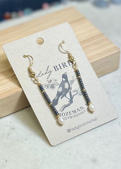 Steel Gray Seed Bead & Freshwater Pearl Dangle Earrings
