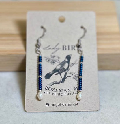 Navy Blue Seed Bead & Freshwater Pearl Dangle Earrings