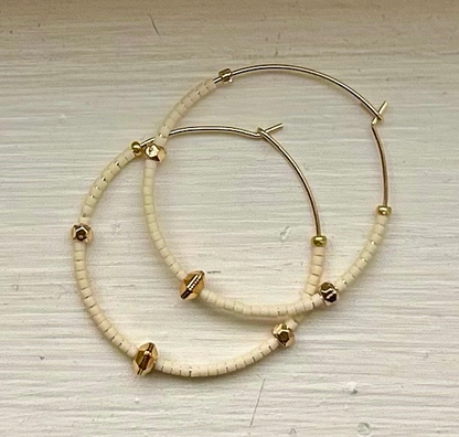 Creamy White & Bold Gold Beaded Hoops