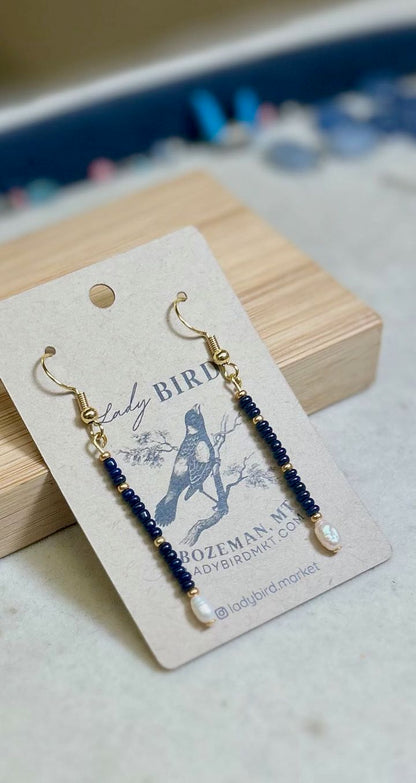 Navy Blue Seed Bead & Freshwater Pearl Dangle Earrings