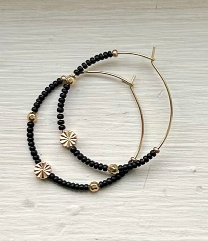 Black Onyx & Gold Beaded Hoops