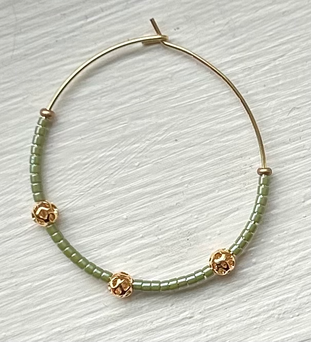 Pale Green & Ornamental Gold Beaded Hoop Earrings