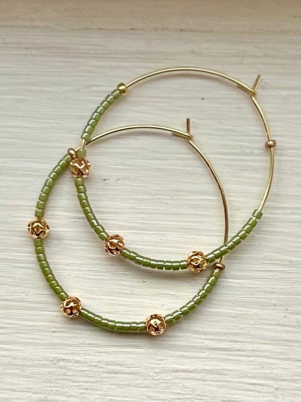 Pale Green & Ornamental Gold Beaded Hoop Earrings