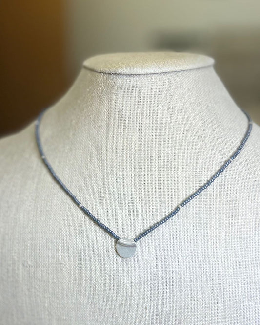 Steel Gray Boho Beaded Necklace with Pure Silver Circle Pendant