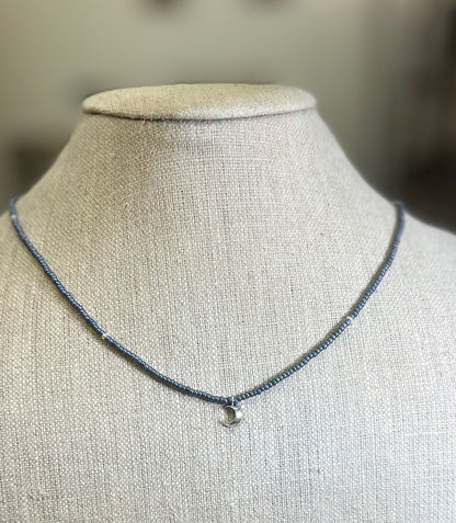 Steel Gray Boho Beaded Necklace with Silver Moon Charm