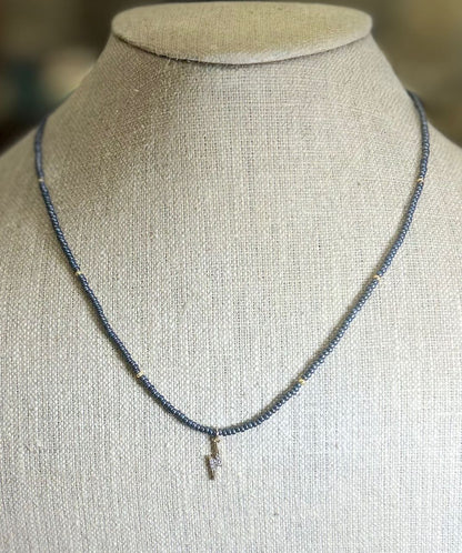 Steel Gray Boho Beaded Necklace with Gold Lightning Bolt Charm