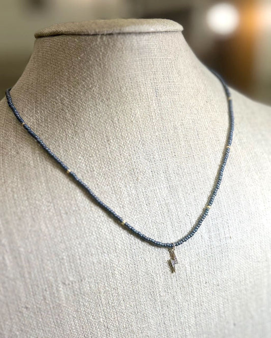 Steel Gray Boho Beaded Necklace with Gold Lightning Bolt Charm