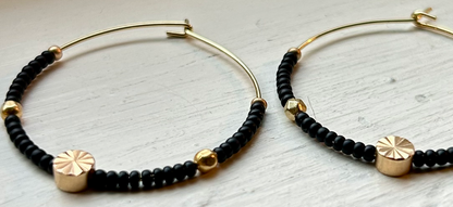Black Onyx & Gold Beaded Hoops