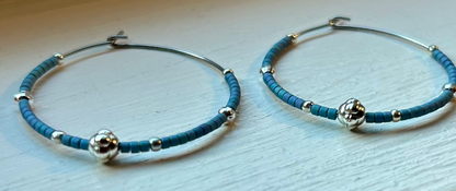 Pale Blue & Silver Beaded Hoop Earrings