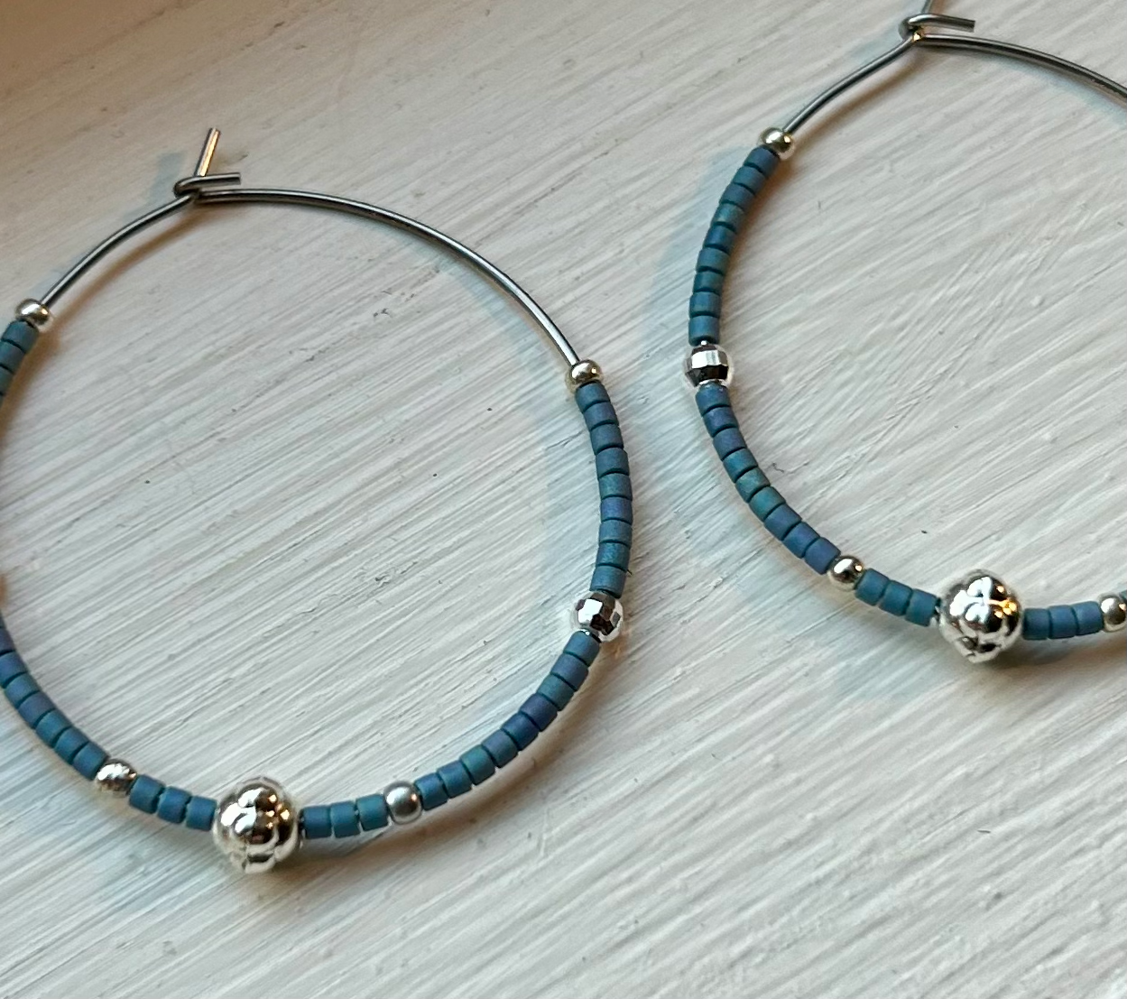 Pale Blue & Silver Beaded Hoop Earrings