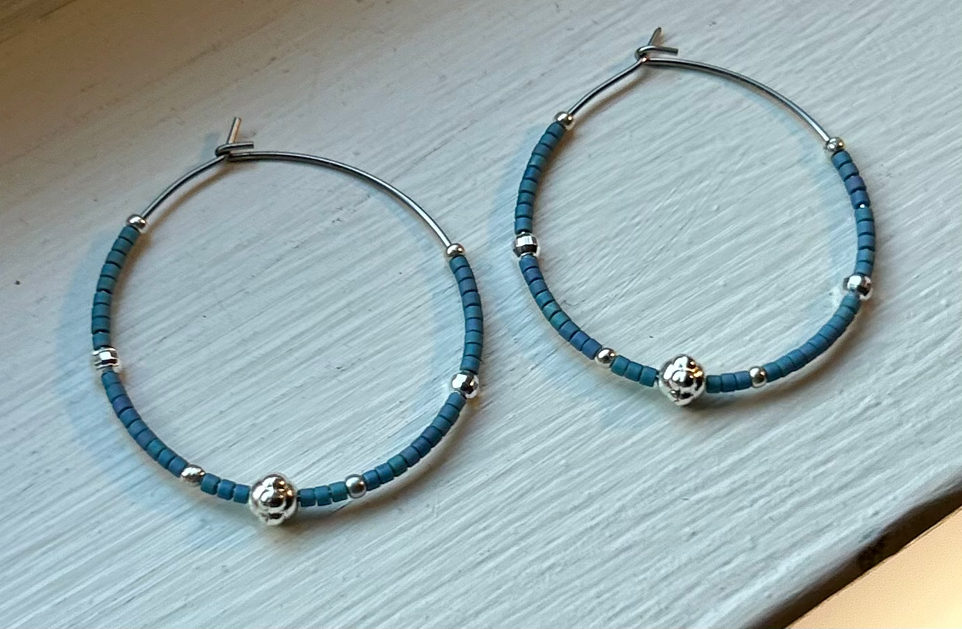 Pale Blue & Silver Beaded Hoop Earrings