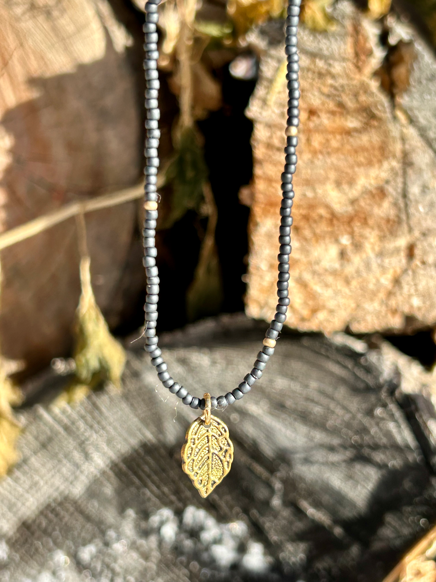 Steel Grey & Gold Boho Seed Bead Necklace, Leaf Pendant