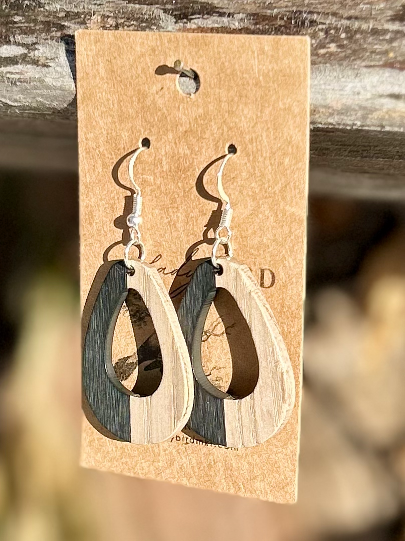 Walnut Wood & Black Resin Oval Earrings