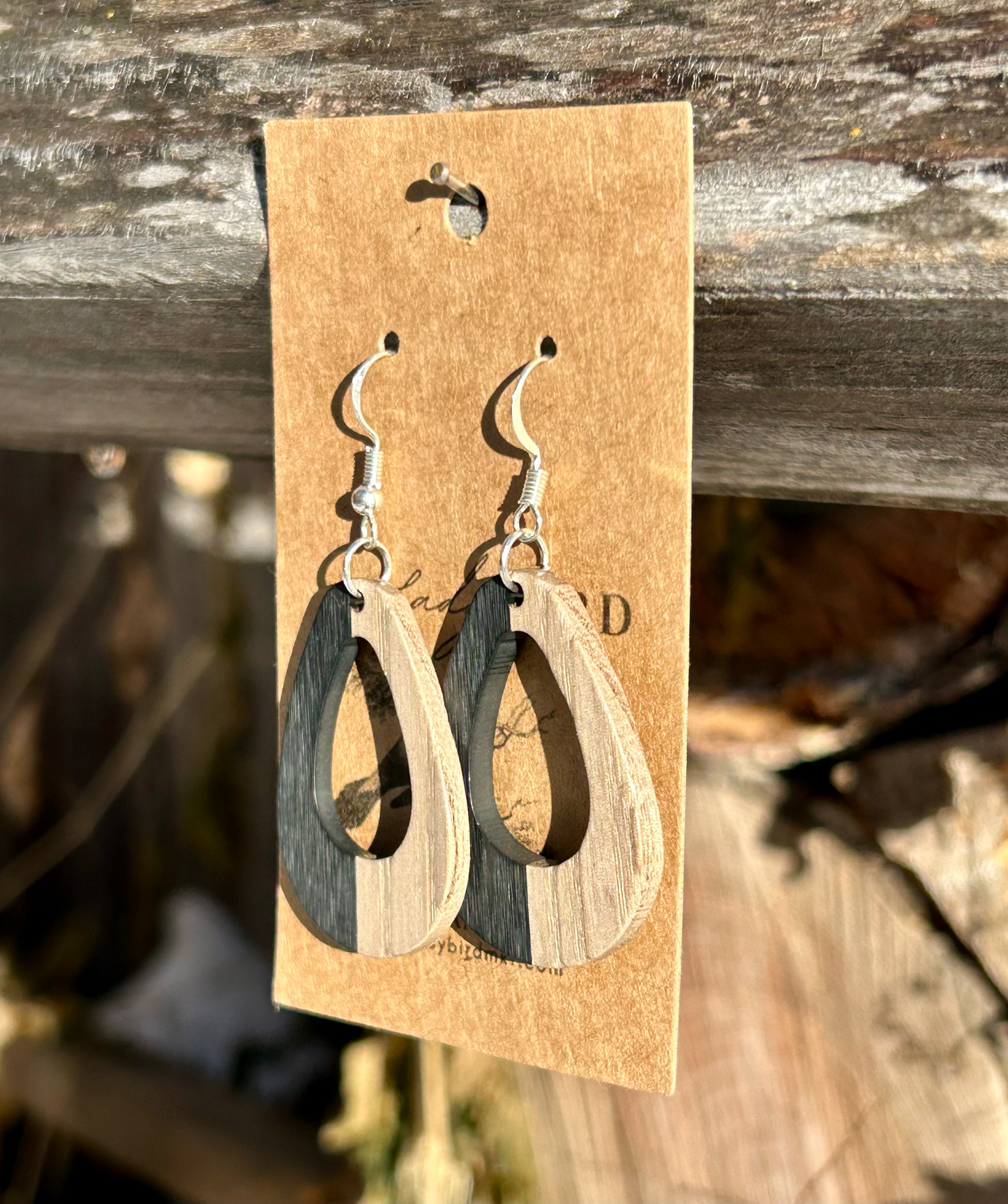 Walnut Wood & Black Resin Oval Earrings