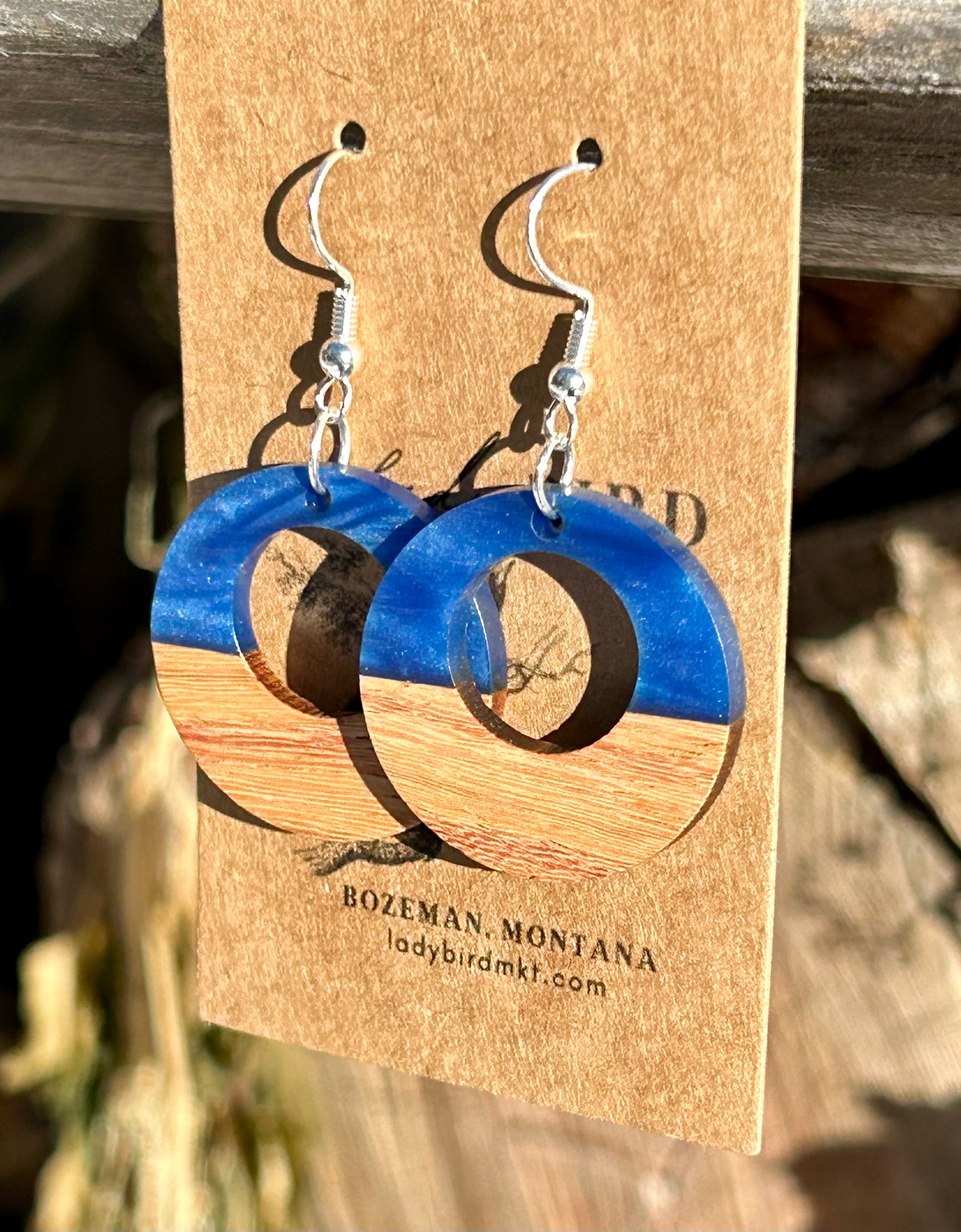 Walnut Wood & Pearly Blue Resin Circle Earrings