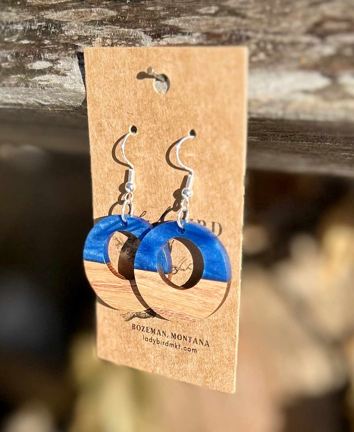 Walnut Wood & Pearly Blue Resin Circle Earrings