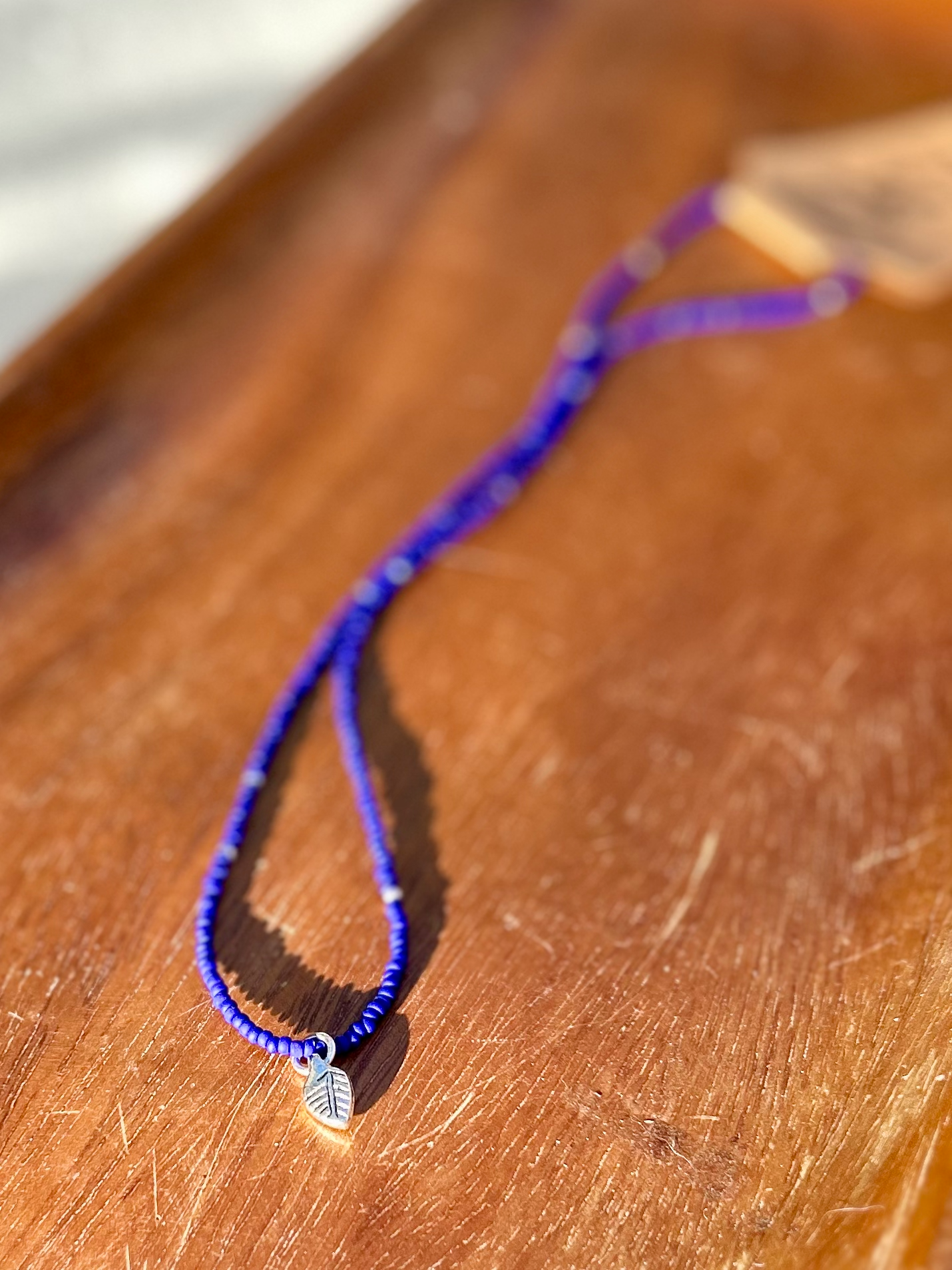 Royal Blue & Silver Boho Seed Bead Necklace with Silver Leaf Charm