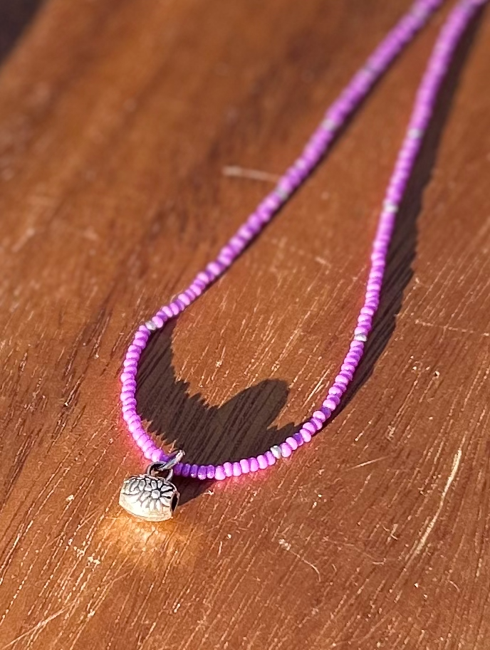 Fuchsia Pink & Silver Boho Seed Bead Necklace with Silver Floral Charm