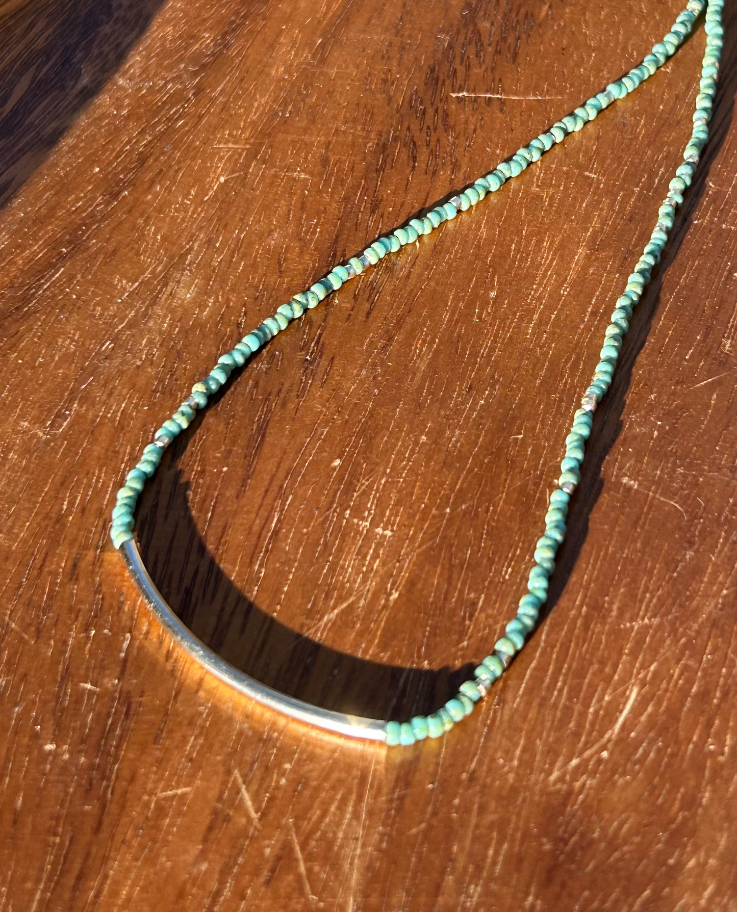 Sage Green & Silver Boho Seed Bead Necklace with Silver Bar Charm