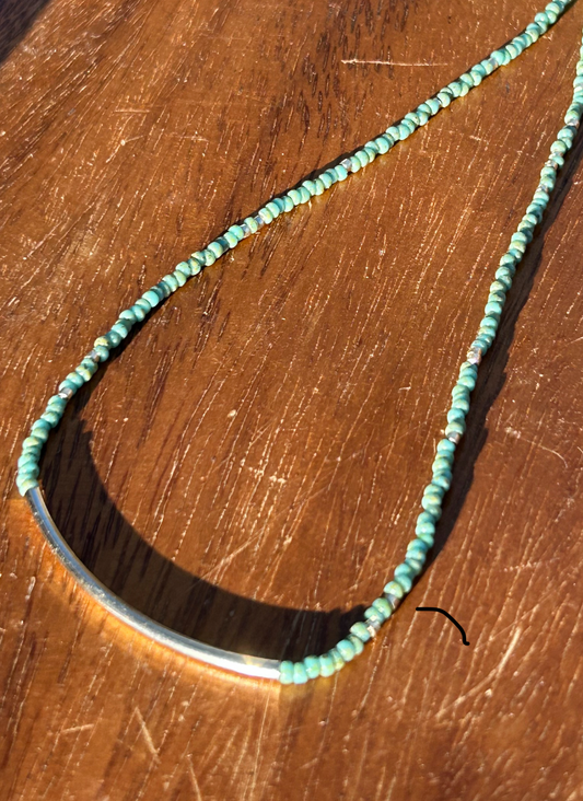 Sage Green & Silver Boho Seed Bead Necklace with Silver Bar Charm