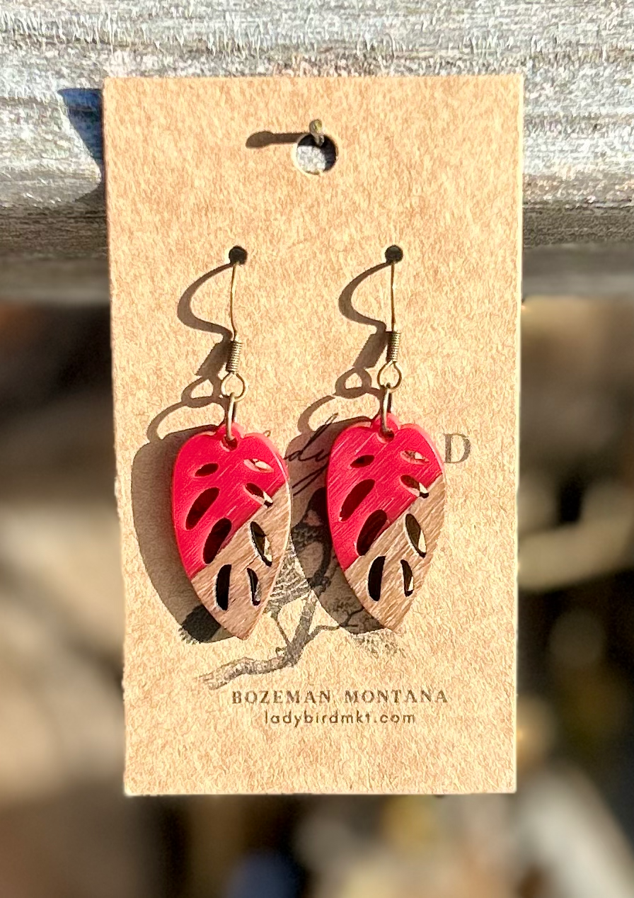 Walnut Wood & Bright Red Resin Leaf Earrings