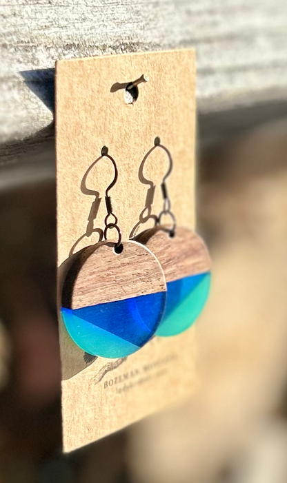 Walnut Wood & Blues Mix Resin Circle Earrings