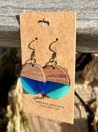 Walnut Wood & Blues Mix Resin Circle Earrings