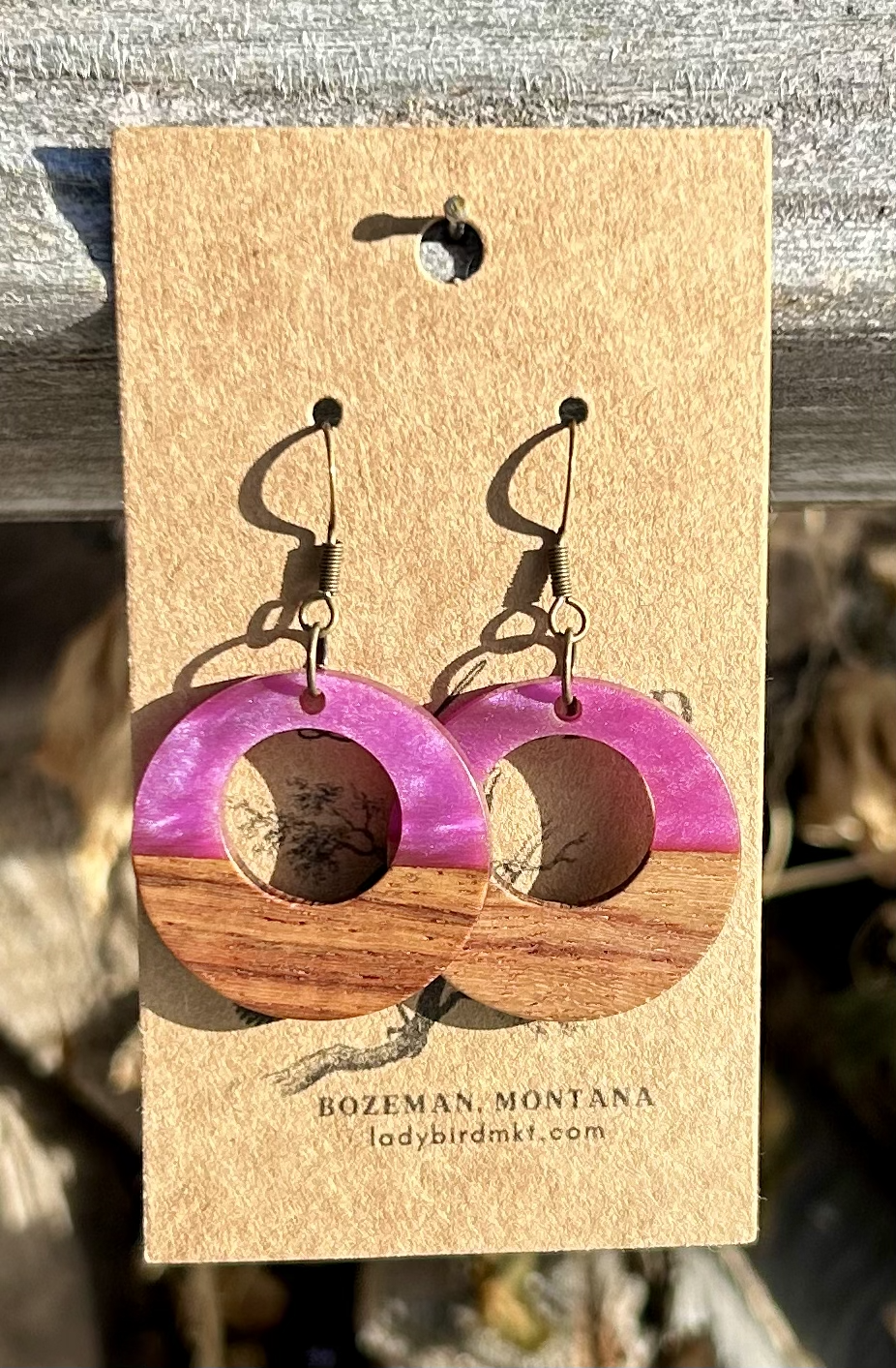 Walnut Wood & Pearly Pink Resin Hoop Earrings
