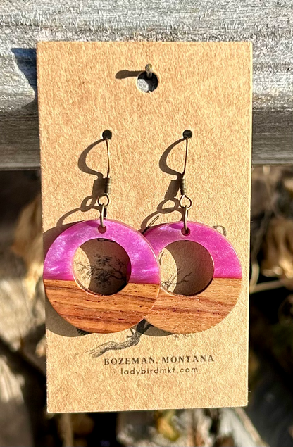 Walnut Wood & Pearly Plum Purple Resin Hoop Earrings