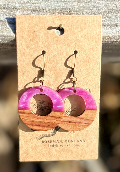 Walnut Wood & Pearly Plum Purple Resin Hoop Earrings