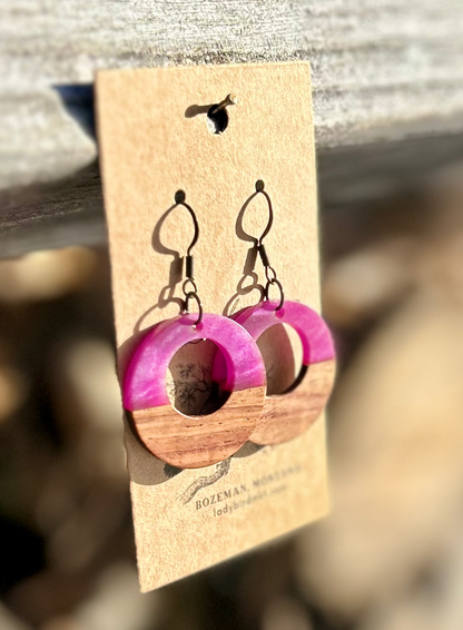 Walnut Wood & Pearly Plum Purple Resin Hoop Earrings