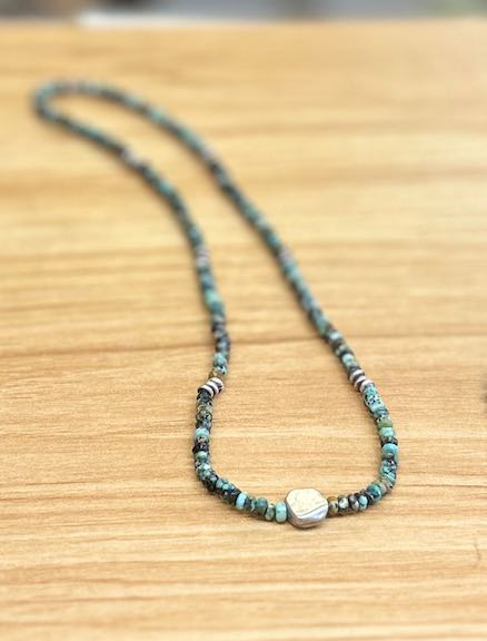 African Turquoise Stretchy Boho Necklace with Gold or Silver Circle Pendant – Gemstone Jewelry