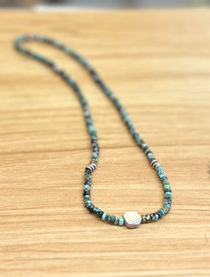African Turquoise Stretchy Boho Necklace with Gold or Silver Circle Pendant – Gemstone Jewelry