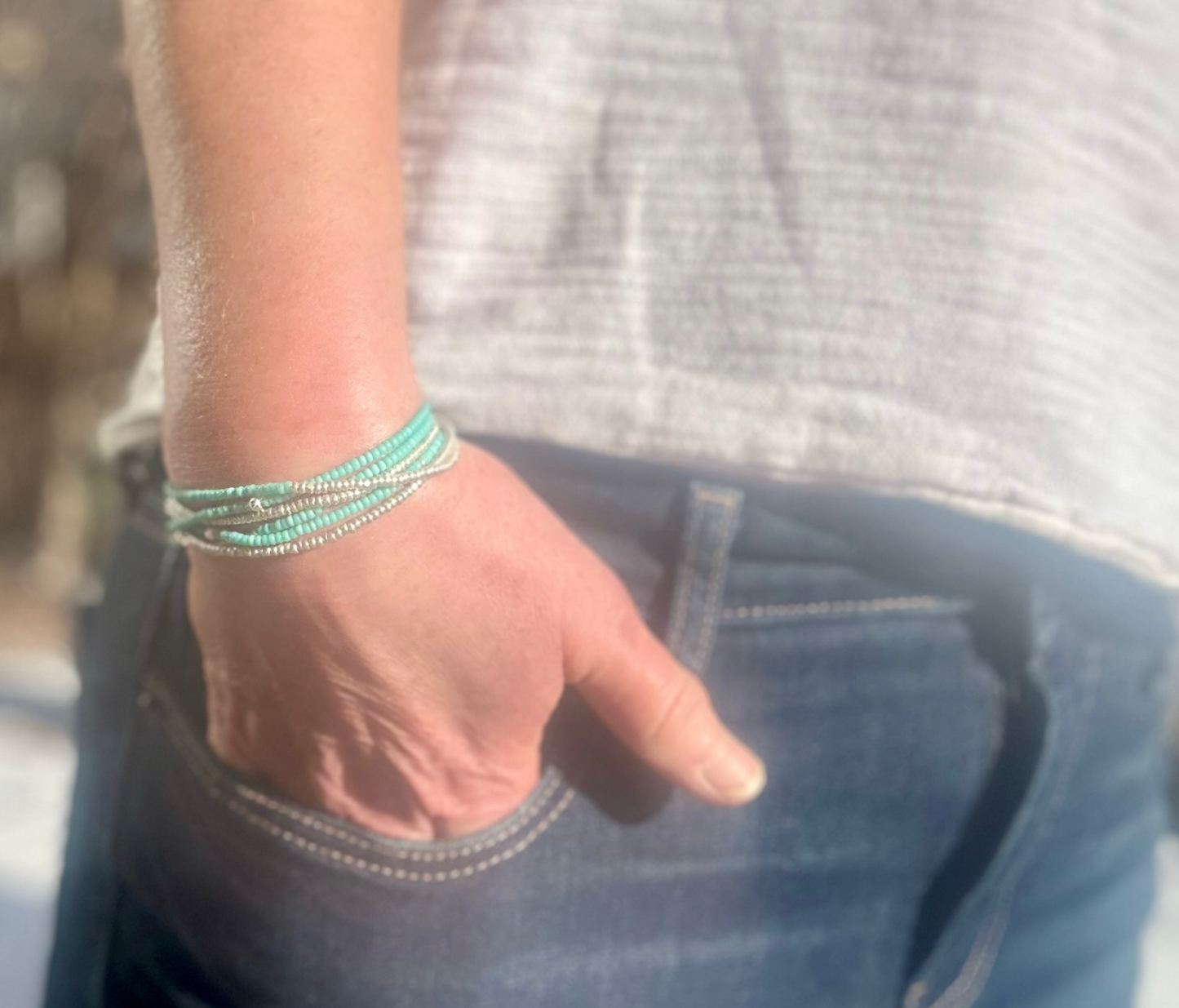 Turquoise & Silver Lined Combo Beaded 5-Wrap Bracelet