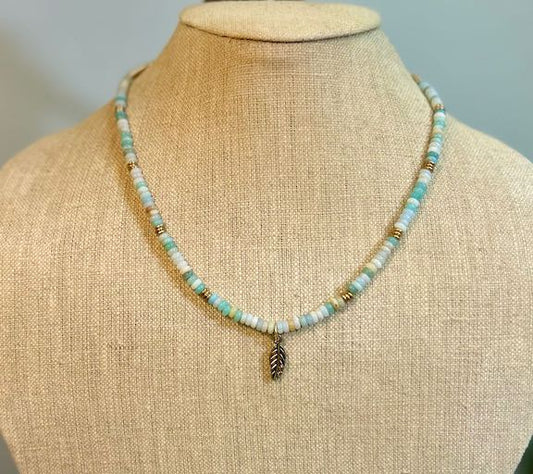 Amazonite Gemstone Stretchy Necklace – Boho Jewelry with Silver Leafy Feather Pendant