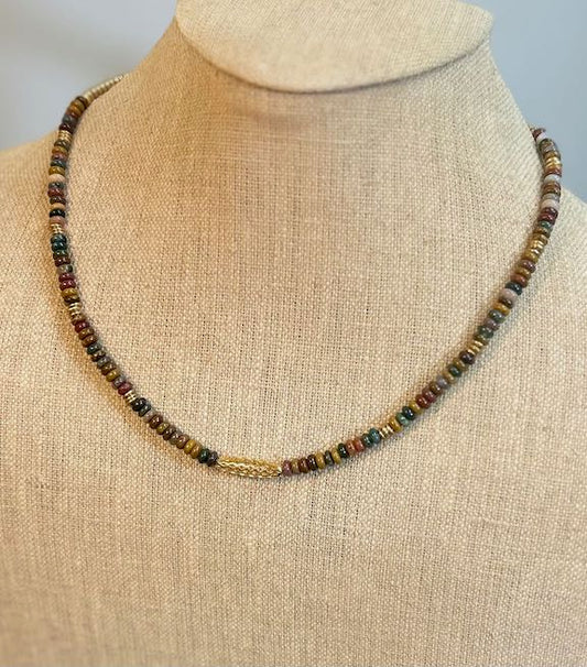 Ocean Jasper Gemstone Stretchy Necklace – Boho Jewelry with Gold Lattice Bar Pendant