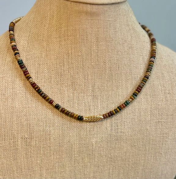 Ocean Jasper Gemstone Stretchy Necklace – Boho Jewelry with Gold Lattice Bar Pendant