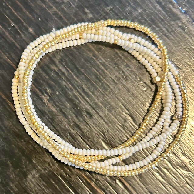 Creamy White & Gold Lined Combo Beaded 5-Wrap Bracelet