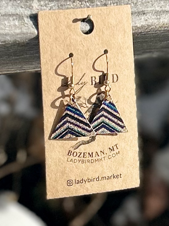 Blue & Black Zig-Zag Patterned Gold-Finished Triangle Dangle Earrings