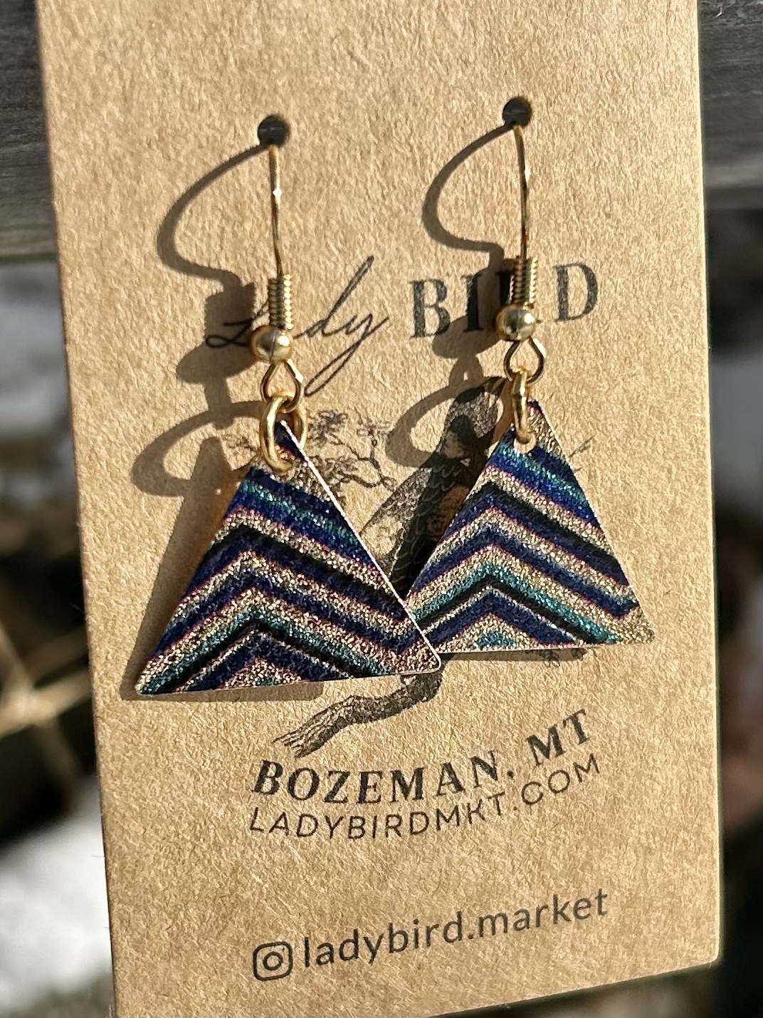Blue & Black Zig-Zag Patterned Gold-Finished Triangle Dangle Earrings
