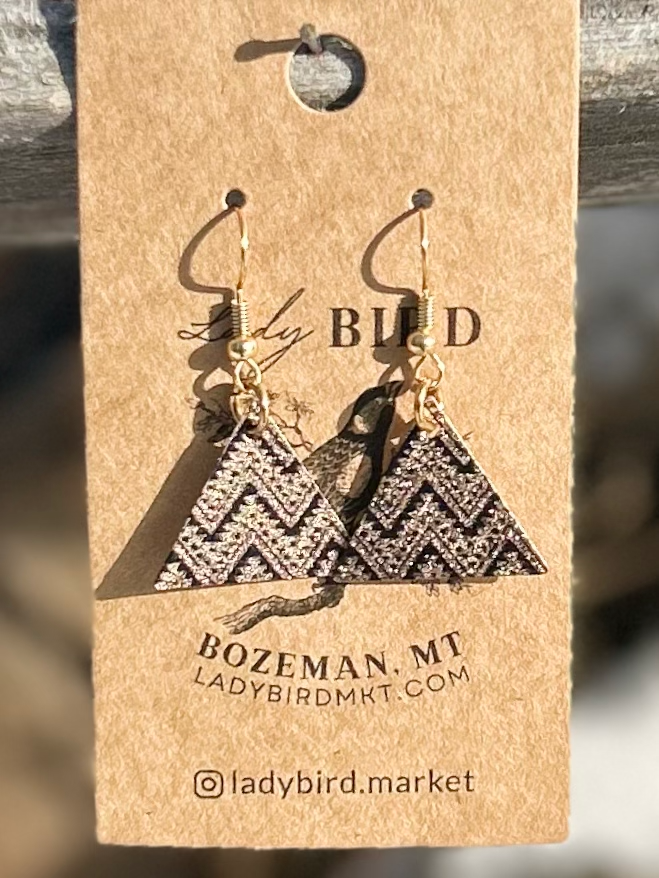 Black & Gold Aztec Patterned Gold-Finished Triangle Dangle Earrings