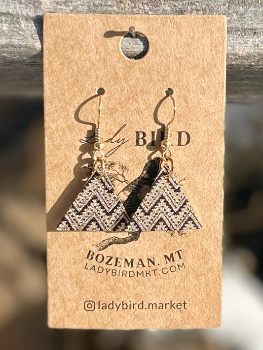 Black & Gold Aztec Patterned Gold-Finished Triangle Dangle Earrings