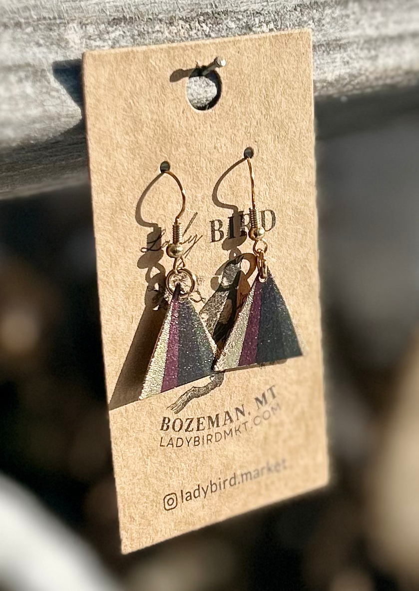 Sparkly Purple & Black Striped Etched Gold Finish Triangle Dangle Earrings