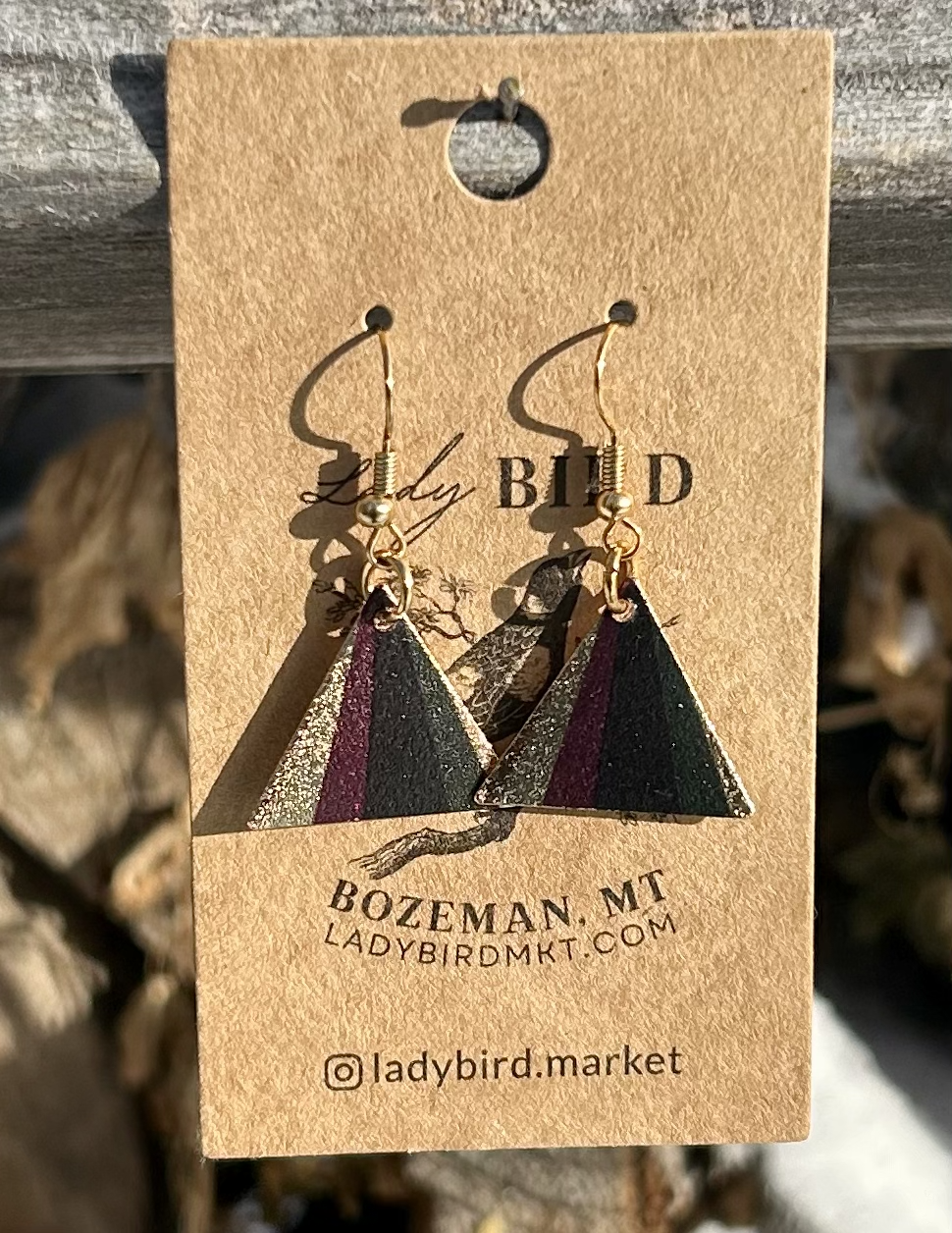 Sparkly Purple & Black Striped Etched Gold Finish Triangle Dangle Earrings