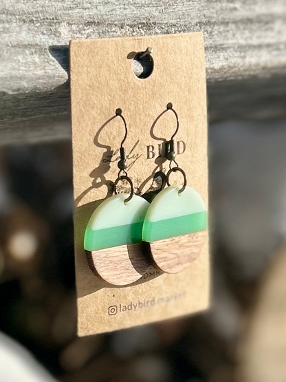 Walnut Wood & Lime Green Striped Resin Circle Earrings