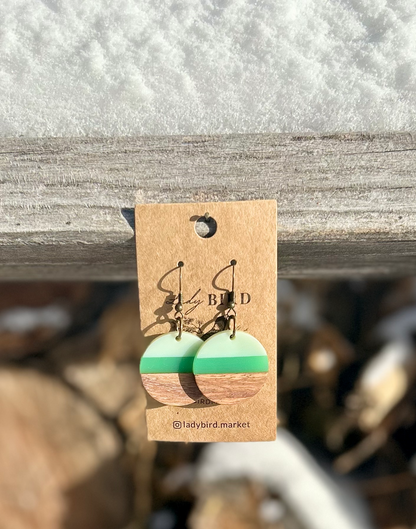 Walnut Wood & Lime Green Striped Resin Circle Earrings