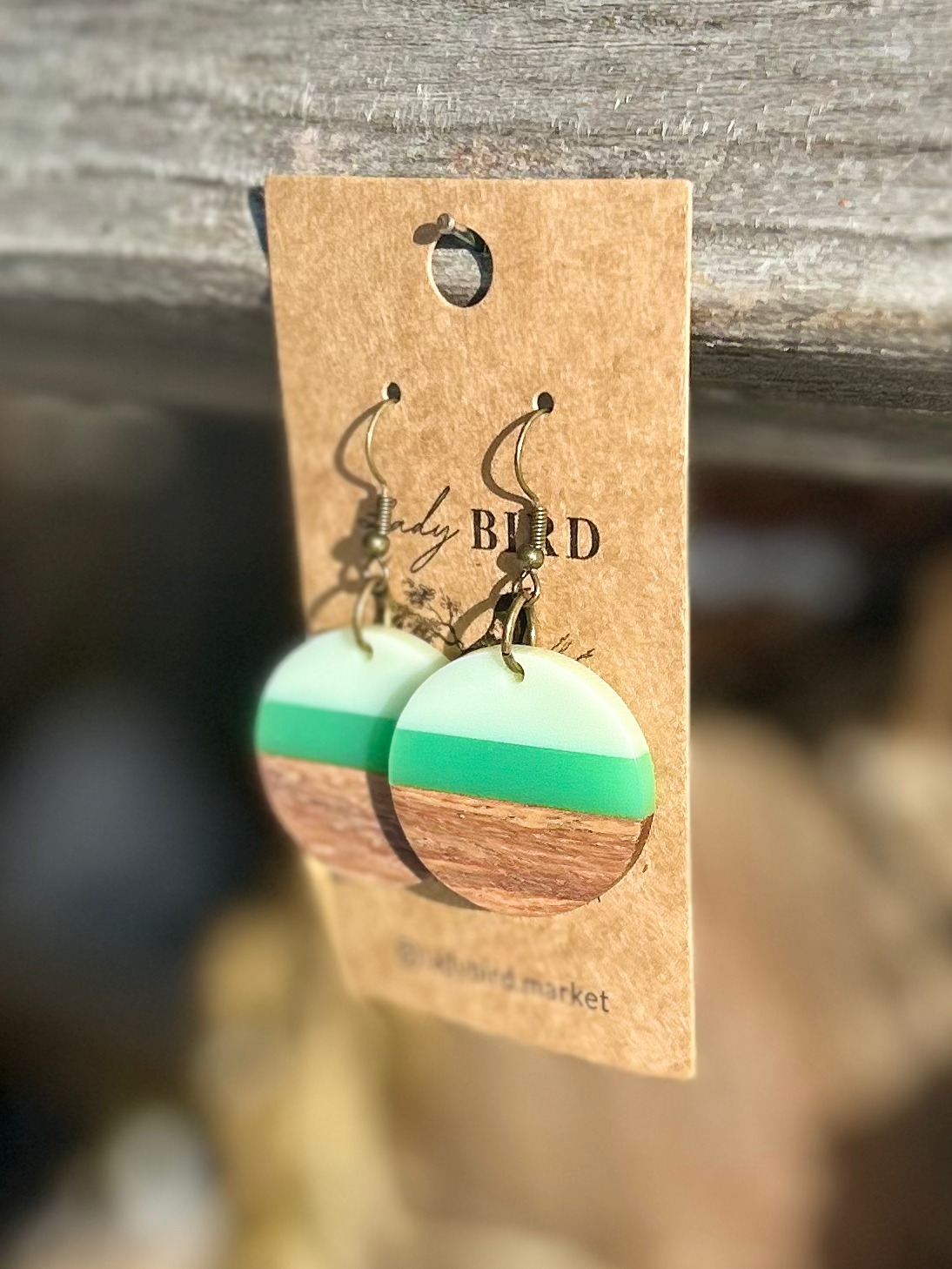 Walnut Wood & Lime Green Striped Resin Circle Earrings
