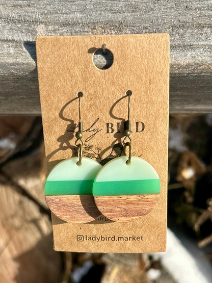 Walnut Wood & Lime Green Striped Resin Circle Earrings