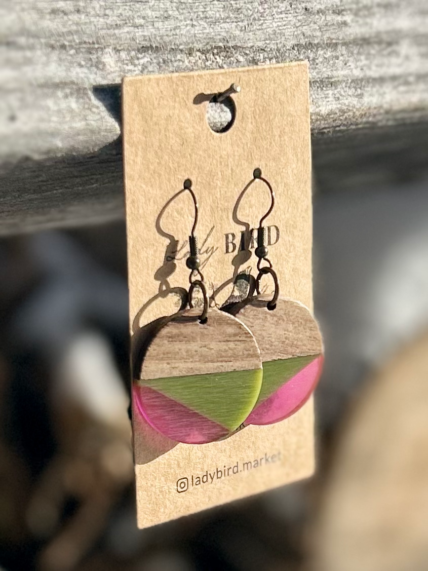 Walnut Wood Army Green & Purple Striped Resin Circle Earrings