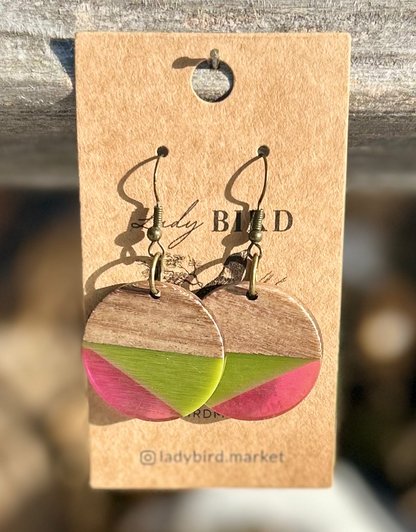 Walnut Wood Army Green & Purple Striped Resin Circle Earrings